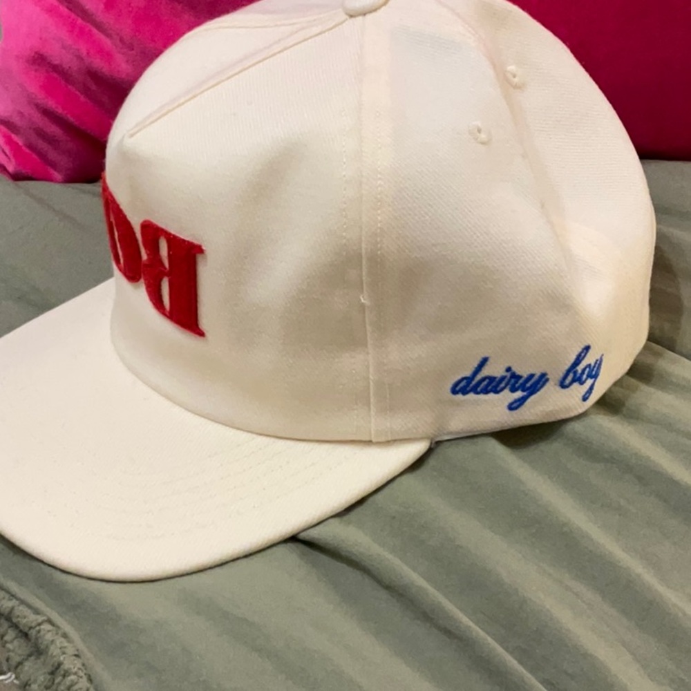 White 'dairy boy' Script Embroidered Cap